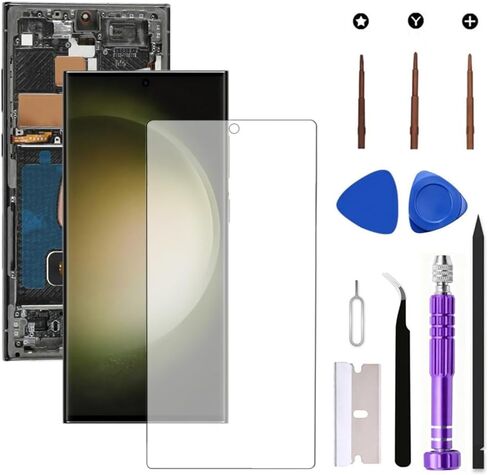 شاشة OLED بديلة لهاتف Samsung Galaxy S23 Ultra 5G LCD لهاتف Galaxy S23Ultra SM-S918U SM-S918U1 مجموعة رقمية تعمل باللمس تدعم بصمة الإصبع (مع إطار أسود + فيلم ناعم + أدوات) in Kuwait