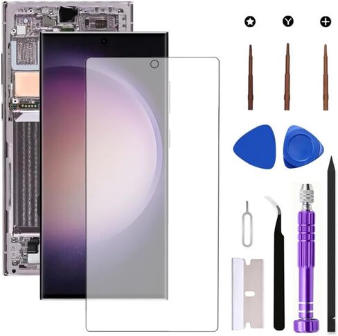 شاشة OLED بديلة لهاتف Samsung Galaxy S23 Ultra 5G LCD لهاتف Galaxy S23Ultra SM-S918U SM-S918U1 مجموعة رقمية تعمل باللمس تدعم بصمة الإصبع (مع إطار أسود + فيلم ناعم + أدوات) in Kuwait