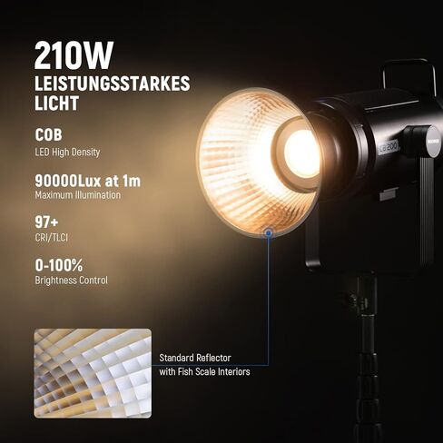NEEWER CB200B 210W LED فيديو ضوء 2.4G/APP تحكم وحامل إضاءة مع مجموعة عجلات، جميع المعادن COB Bowens إضاءة مستمرة 90000Lux/1m 2700K-6500K CRI/TLCI97+ 12 تأثيرًا لتسجيل الفيديو in Saudi Arabia