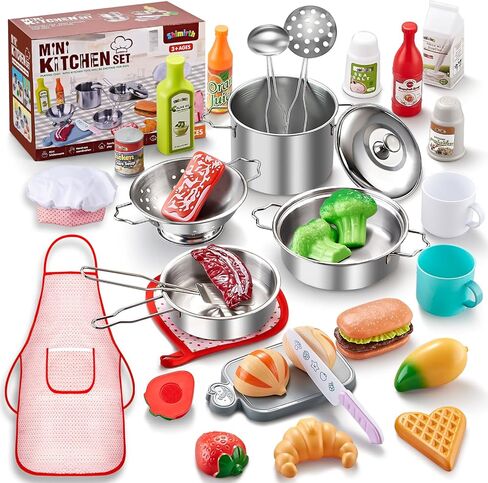 Play Kitchen Accessories, Large Stainless Steel Toddler Cooking Set, Kids Kitchen Playset with Cutting Play Food, Condiments, Chef Apron & Hat, Service Bell, Toy Food with 2 Baskets, Boys Girls Gifts. in Saudi Arabia