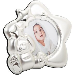 Happy Homewares Cute and Modern Star Shaped Two-Tone Silver Plated and Satin Silver Baby Picture Frame with Teddy Bear and Decorative Stars in Kuwait