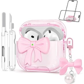 for Airpods Pro 3 Case Pink 2025 with Safety Lock & Phone Stand, 3D Bow Clear iPod Pro 3 Cases with Cute Keychain & Cleaning Kit, Soft TPU Cover for AirPods Pro 3rd Generation Case Girls Women in Saudi Arabia