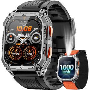 Military Smart Watches for Men, 2.01" HD Smartwatch with 1000 mAh Battery/2 Straps/Answer/Make Call/Led Flashlight/Heart Rate/Sleep Monitor, 100+ Sport Modes Fitness Tracker for Android/iPhone in Saudi Arabia
