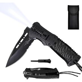 سكين XIPHIAS Survival القابل للطي - أداة متعددة من الفولاذ المقاوم للصدأ مع ضوء LED، ومشعل نار، وصفارة وباراكورد، ومشبك جيب وحقيبة نايلون للتخييم والمشي لمسافات طويلة والصيد - XK039BC-أسود in Kuwait