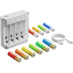 شاحن بطارية ليثيوم AA AAA بأربعة فتحات، بطاريات AA وAAA قابلة لإعادة الشحن مع شاحن للسفر، شحن سريع 2X (4 خلايا في 3 ساعات)، مصابيح LED فردية، أمان ذكي in Kuwait