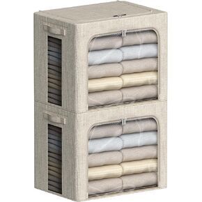 Extra Large Clothes Storage Bins Foldable Metal Frame Storage Box Stackable Linen Fabric Box Organizer Set with Carrying Handles and Clear Window (Beige, 23.6x 16.5x 15.7 Inch) in Saudi Arabia