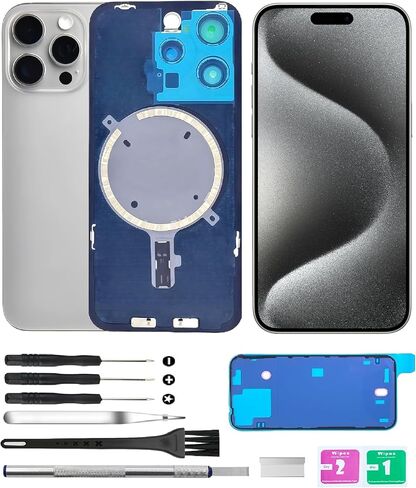أغطية خلفية زجاجية (تتضمن زجاج العدسات، الدعامة، المغناطيس) بديلة متوافقة مع iPhone 15 Pro Max جميع الحاملات مع مجموعة أدوات احترافية (أسود) in Kuwait