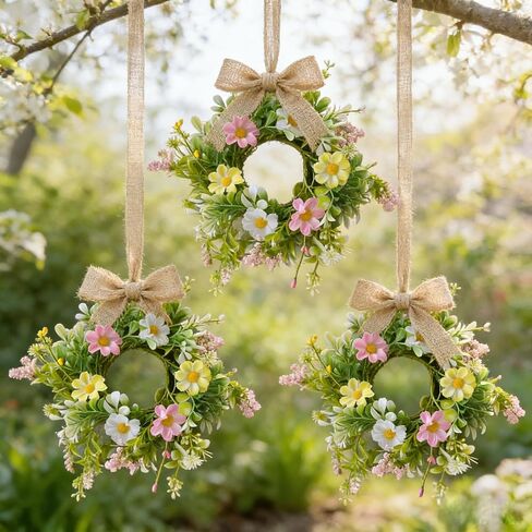 6 Pcs Small Sunflower Wreaths with Ribbon for Cabinet Front Door Mini Artificial Floral Hanging Wreath 3" Spring Summer Fake Yellow Daisies Wreaths Farmhouse Pillar Window Home Wall Party Décor in Saudi Arabia