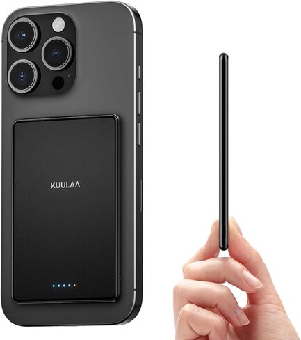 بنك طاقة Kuulaa فائق النحافة، 0.28 بوصة MagSafe PowerBank 5000 مللي أمبير، بنك طاقة صغير PD20W، بطاريات هاتف محمول خارجية لاسلكية مغناطيسية لسلسلة iPhone 16 Pro/15/14/13/12 (أسود) in Kuwait