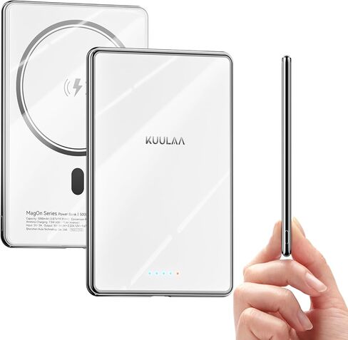 بنك طاقة Kuulaa فائق النحافة، 0.28 بوصة MagSafe PowerBank 5000 مللي أمبير، بنك طاقة صغير PD20W، بطاريات هاتف محمول خارجية لاسلكية مغناطيسية لسلسلة iPhone 16 Pro/15/14/13/12 (أسود) in Kuwait