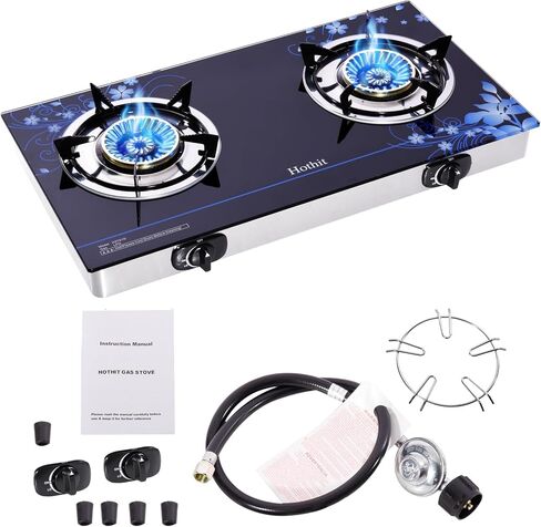 Hothit Gas Cooktop 2 Burner Outdoor Propane Stove, 28600 BTU, Portable Auto Ignition LPG Tempered Glass for camping, Courtyard Barbecue, RV Travel in Saudi Arabia