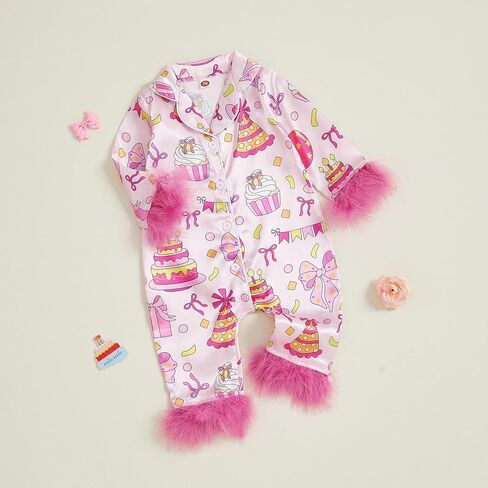 fyclemt Newborn Baby Girl Birthday Pajamas Silk Stain Pjs Cake Bow Balloons Short Sleeve Romper One Piece Jumpsuit Sleepwear in Saudi Arabia