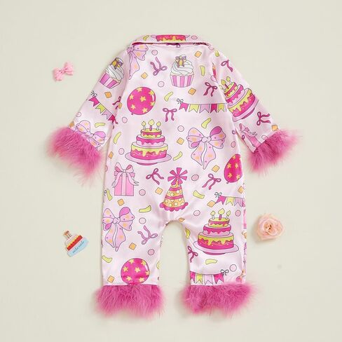 fyclemt Newborn Baby Girl Birthday Pajamas Silk Stain Pjs Cake Bow Balloons Short Sleeve Romper One Piece Jumpsuit Sleepwear in Saudi Arabia