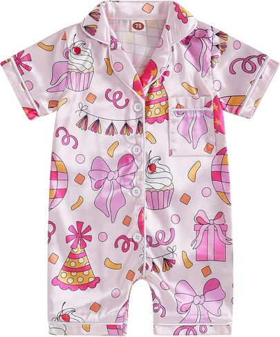 fyclemt Newborn Baby Girl Birthday Pajamas Silk Stain Pjs Cake Bow Balloons Short Sleeve Romper One Piece Jumpsuit Sleepwear in Saudi Arabia