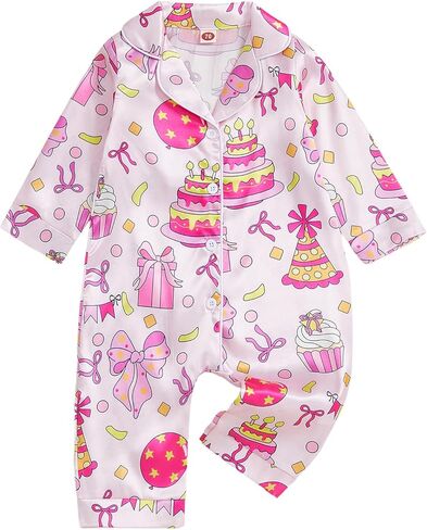 fyclemt Newborn Baby Girl Birthday Pajamas Silk Stain Pjs Cake Bow Balloons Short Sleeve Romper One Piece Jumpsuit Sleepwear in Saudi Arabia