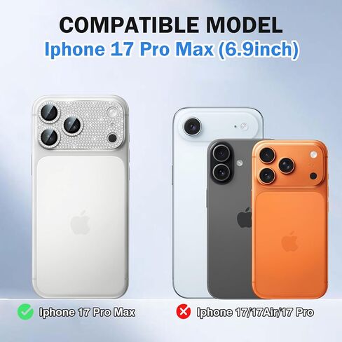 1 Pack Compatible for iPhone 17 Pro Max Camera Lens Protector Glitter, Bling Diamond Ring Anti-scratch 9H Tempered Lens Cover Easy Installation iPhone 17 Pro Max Lens Protector-Diamond Silver in Saudi Arabia