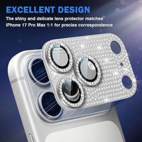 1 Pack Compatible for iPhone 17 Pro Max Camera Lens Protector Glitter, Bling Diamond Ring Anti-scratch 9H Tempered Lens Cover Easy Installation iPhone 17 Pro Max Lens Protector-Diamond Silver in Saudi Arabia