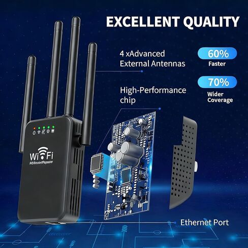 WiFi Extender with 4 Antennas - 2.4GHz WiFi Extenders Signal Booster for Home Covers Up to 3000 Sq.ft and 50 Devices - WiFi Repeater with Ethernet Port, 3 Modes Support, 1-Tap Setup, Black in Saudi Arabia