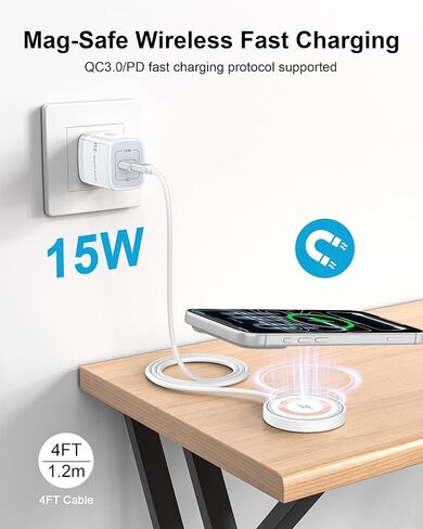 Magnetic Wireless Magsafe Charger for iPhone, Charging Pad for iPhone 17/16/15/14/13/12 Series & AirPods Pro 4/3, 15W Magnetic Wireless Charger for USB-C/A Ports, Fast Wireless Charging Pad for Apple in Saudi Arabia