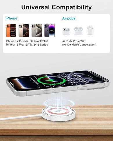 Magnetic Wireless Magsafe Charger for iPhone, Charging Pad for iPhone 17/16/15/14/13/12 Series & AirPods Pro 4/3, 15W Magnetic Wireless Charger for USB-C/A Ports, Fast Wireless Charging Pad for Apple in Saudi Arabia