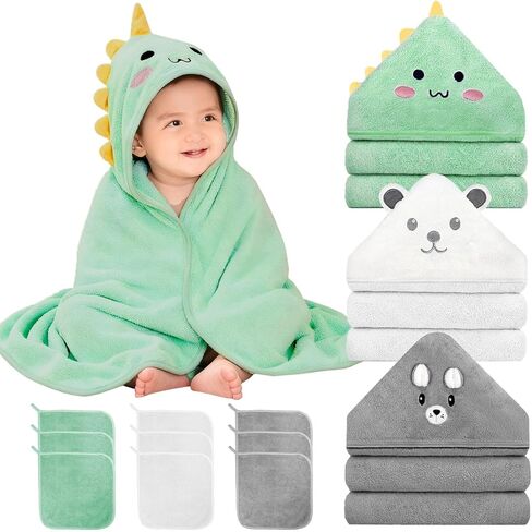 12 PCS Baby Bath Towels Set, 3 PCS Hooded Baby Towels & 9 PCS Washcloths, 32x32 Inches Ultra Absorbent Cute Soft Newborn Essentials Gift for Boys & Girls (Pink + Brown + Blue) in Saudi Arabia