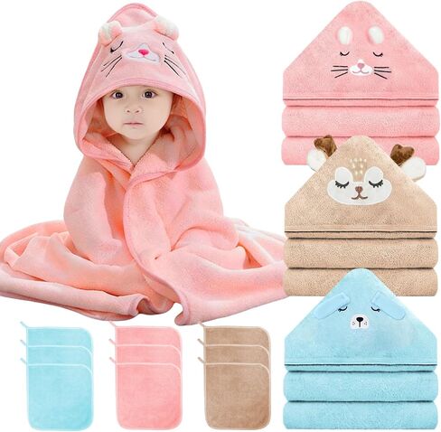 12 PCS Baby Bath Towels Set, 3 PCS Hooded Baby Towels & 9 PCS Washcloths, 32x32 Inches Ultra Absorbent Cute Soft Newborn Essentials Gift for Boys & Girls (Pink + Brown + Blue) in Saudi Arabia