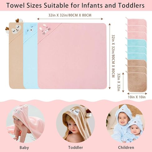 12 PCS Baby Bath Towels Set, 3 PCS Hooded Baby Towels & 9 PCS Washcloths, 32x32 Inches Ultra Absorbent Cute Soft Newborn Essentials Gift for Boys & Girls (Pink + Brown + Blue) in Saudi Arabia