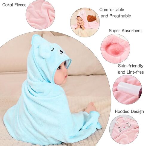 12 PCS Baby Bath Towels Set, 3 PCS Hooded Baby Towels & 9 PCS Washcloths, 32x32 Inches Ultra Absorbent Cute Soft Newborn Essentials Gift for Boys & Girls (Pink + Brown + Blue) in Saudi Arabia