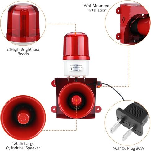 QWORK Industrial Siren Alarm Strobe Light, AC110V-120V, 120dB Emergency Strobe Security Alarm for Warehouse, Factory, School (No Switch, Always On) in Saudi Arabia