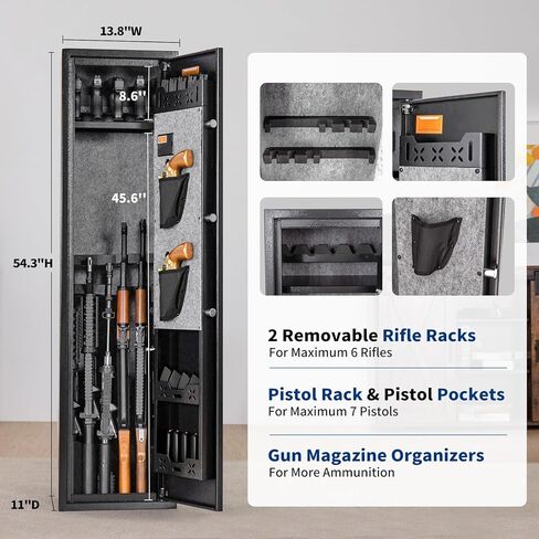BlackSmith Biometric Gun Safe for Rifles Home Long Gun Safe Quick Access Fingerprint Recognition Pistols Safe Keypad Wall Mount Large Gun Cabinet with Lock Box Pistol Rack Pockets Ammo Storage in Saudi Arabia