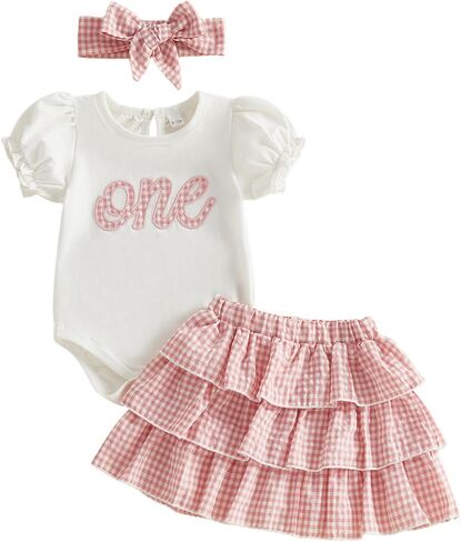 Amiblvowa Baby Girl One Birthday Outfit 1st First 1 Year Old Short Sleeve Romper Ruffle Plaid Skirt Sets Cake Smash Clothing in Saudi Arabia