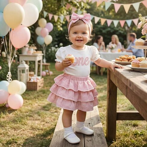 Amiblvowa Baby Girl One Birthday Outfit 1st First 1 Year Old Short Sleeve Romper Ruffle Plaid Skirt Sets Cake Smash Clothing in Saudi Arabia