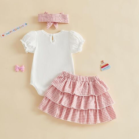 Amiblvowa Baby Girl One Birthday Outfit 1st First 1 Year Old Short Sleeve Romper Ruffle Plaid Skirt Sets Cake Smash Clothing in Saudi Arabia