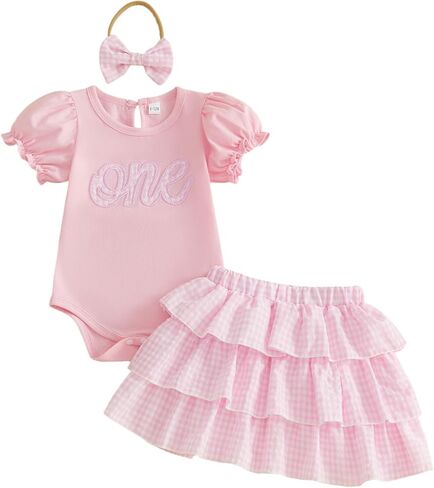 Amiblvowa Baby Girl One Birthday Outfit 1st First 1 Year Old Short Sleeve Romper Ruffle Plaid Skirt Sets Cake Smash Clothing in Saudi Arabia