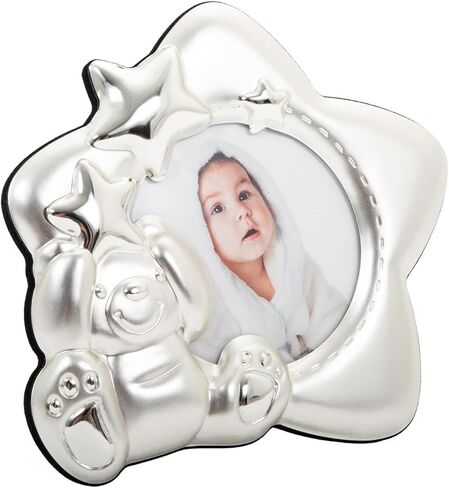 Happy Homewares Cute and Modern Star Shaped Two-Tone Silver Plated and Satin Silver Baby Picture Frame with Teddy Bear and Decorative Stars in Kuwait