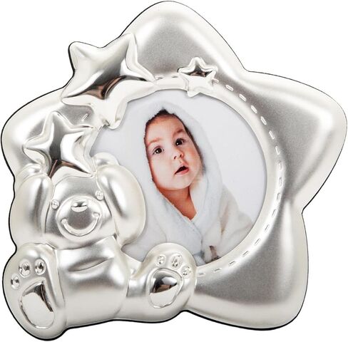 Happy Homewares Cute and Modern Star Shaped Two-Tone Silver Plated and Satin Silver Baby Picture Frame with Teddy Bear and Decorative Stars in Kuwait