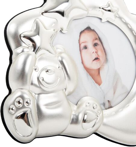 Happy Homewares Cute and Modern Star Shaped Two-Tone Silver Plated and Satin Silver Baby Picture Frame with Teddy Bear and Decorative Stars in Kuwait