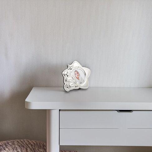 Happy Homewares Cute and Modern Star Shaped Two-Tone Silver Plated and Satin Silver Baby Picture Frame with Teddy Bear and Decorative Stars in Kuwait
