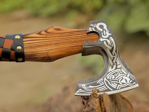 Handmade Viking Axe Ashwood Handle Carbon Steel Blade, Outdoor Camping Hunting, Norse Hatchets Axes, with Brown Leather Wrapped Handle & Leather Sheath Wood Splitting Axes in Saudi Arabia