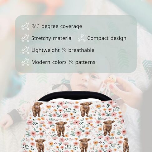 HawSkgFub Highland Cow Floral 5 في 1 غطاء مقعد السيارة لطفلة بقرة عاشقة هدية، راعية البقر الغربية الرجعية بوهو زهرة الخصوصية غطاء الرضاعة الطبيعية، الرضع حديثي الولادة متعدد الاستخدام مقعد السيارة المظلة الناقل in Kuwait
