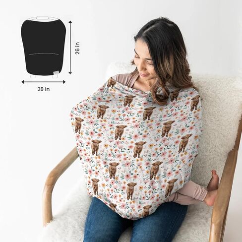 HawSkgFub Highland Cow Floral 5 في 1 غطاء مقعد السيارة لطفلة بقرة عاشقة هدية، راعية البقر الغربية الرجعية بوهو زهرة الخصوصية غطاء الرضاعة الطبيعية، الرضع حديثي الولادة متعدد الاستخدام مقعد السيارة المظلة الناقل in Kuwait