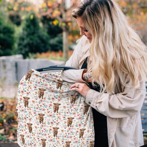 HawSkgFub Highland Cow Floral 5 في 1 غطاء مقعد السيارة لطفلة بقرة عاشقة هدية، راعية البقر الغربية الرجعية بوهو زهرة الخصوصية غطاء الرضاعة الطبيعية، الرضع حديثي الولادة متعدد الاستخدام مقعد السيارة المظلة الناقل in Kuwait