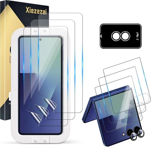 [3Set 7PCS] واقي شاشة متوافق مع هاتف Galaxy Z Flip 7 5G - 3 طبقات داخلية من مادة TPU + 3 زجاج مقسى + 1 واقي عدسة كاميرا مع أداة محاذاة، سهل التركيب، ووضوح عالٍ، وخالي من الفقاعات in Kuwait