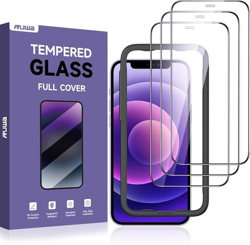 واقي شاشة ruwa لهاتف iPhone 13/13 Pro/14/16e [3 عبوات] [6.1 بوصة] شاشة عرض فيلم زجاجي مقسى مع إطار سهل التركيب، فائق الدقة، صلابة 9H، مقاوم للخدش، صديق للحافظة، تغطية كاملة in Kuwait