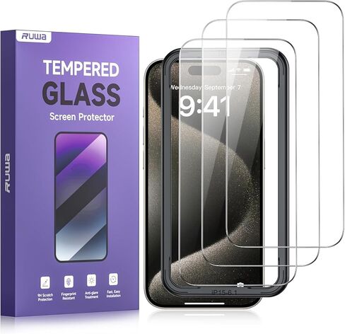واقي شاشة ruwa لهاتف iPhone 13/13 Pro/14/16e [3 عبوات] [6.1 بوصة] شاشة عرض فيلم زجاجي مقسى مع إطار سهل التركيب، فائق الدقة، صلابة 9H، مقاوم للخدش، صديق للحافظة، تغطية كاملة in Kuwait