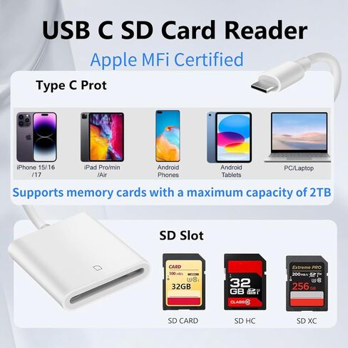 [معتمد من Apple MFi] قارئ بطاقة USB-C إلى SD، محول كاميرا رقمية، محول بطاقة USB 3.0 عالي السرعة إلى SD، قارئ بطاقة ذاكرة USB C Trail Viewer لأجهزة iPhone 17/16/15/iPad/MacBook/iMac/Galaxy/Android in Kuwait