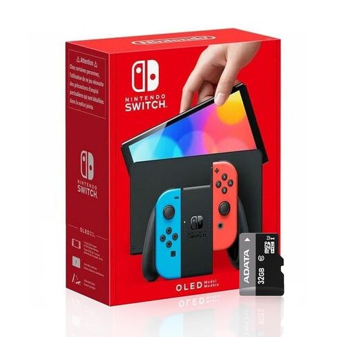 نينتندو سويتش (طراز OLED) مع Joy-Con باللون الأزرق النيون والأحمر النيون وبطاقة Micro SD إضافية بسعة 32 جيجابايت - الإصدار العالمي in Saudi Arabia