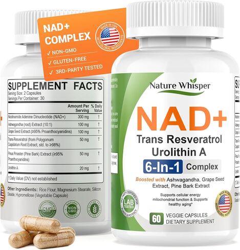 Nature Whisper® NAD+ مكملات ريسفيراترول، مركب 6 في 1 مع ترانس ريسفيراترول وأوروليثين أ، أشواغاندا، بذور العنب ومستخلص لحاء الصنوبر للطاقة الخلوية والشيخوخة الصحية - 60 كبسولة in Saudi Arabia