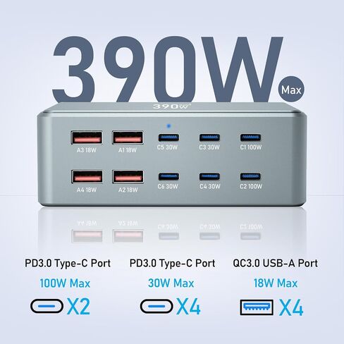 USB C Fast Charger Block 390W 10 Ports usbc Charging Station USB Charger Block Multiple Ports 100W PD GaN Fast Charging Brick hub for iPad iPhone 17 16 15 MacBook Pro/Air Samsung Galaxy in Saudi Arabia