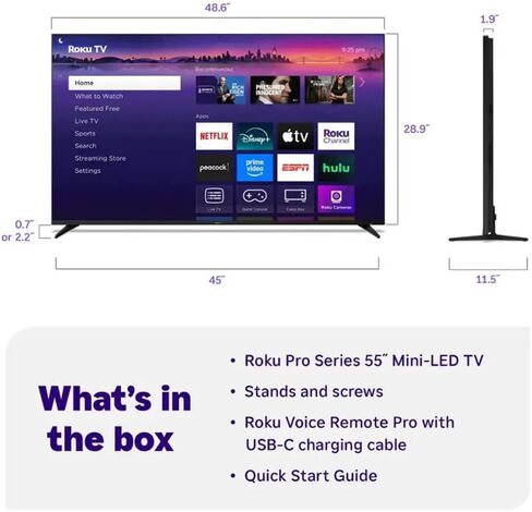 Roku 55 Inch Class Pro Series 4K QLED Mini-LED Smart TV with HDR, Voice Remote, Wi-Fi 6, Dolby Vision, 12 Month CPS Warranty, HDMI Cable and Screen Cleaner for Home Entertainment Streaming (55 inch) in Saudi Arabia